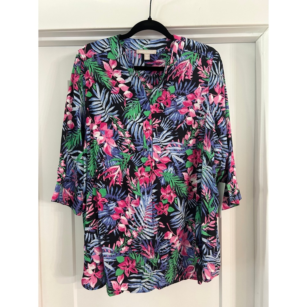 NEW Woman Within Tropical Floral Split Neck Blouse 3/4 Sleeve Pink 14/16 M